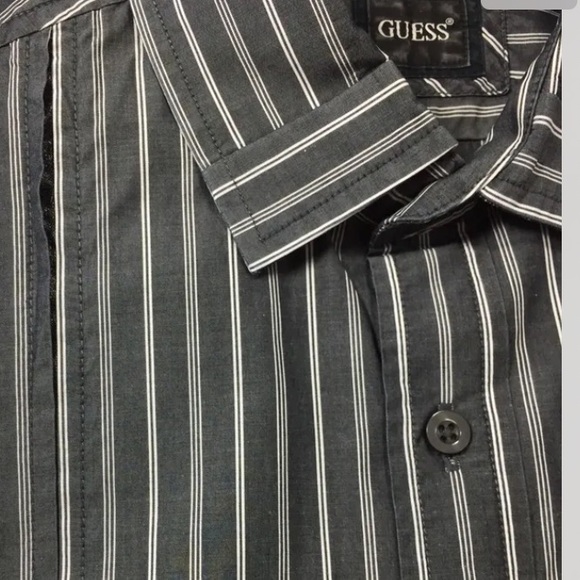Guess Men Long Sleeve Dress Shirt Medium Grey Stripe White Cotton - Picture 8 of 9
